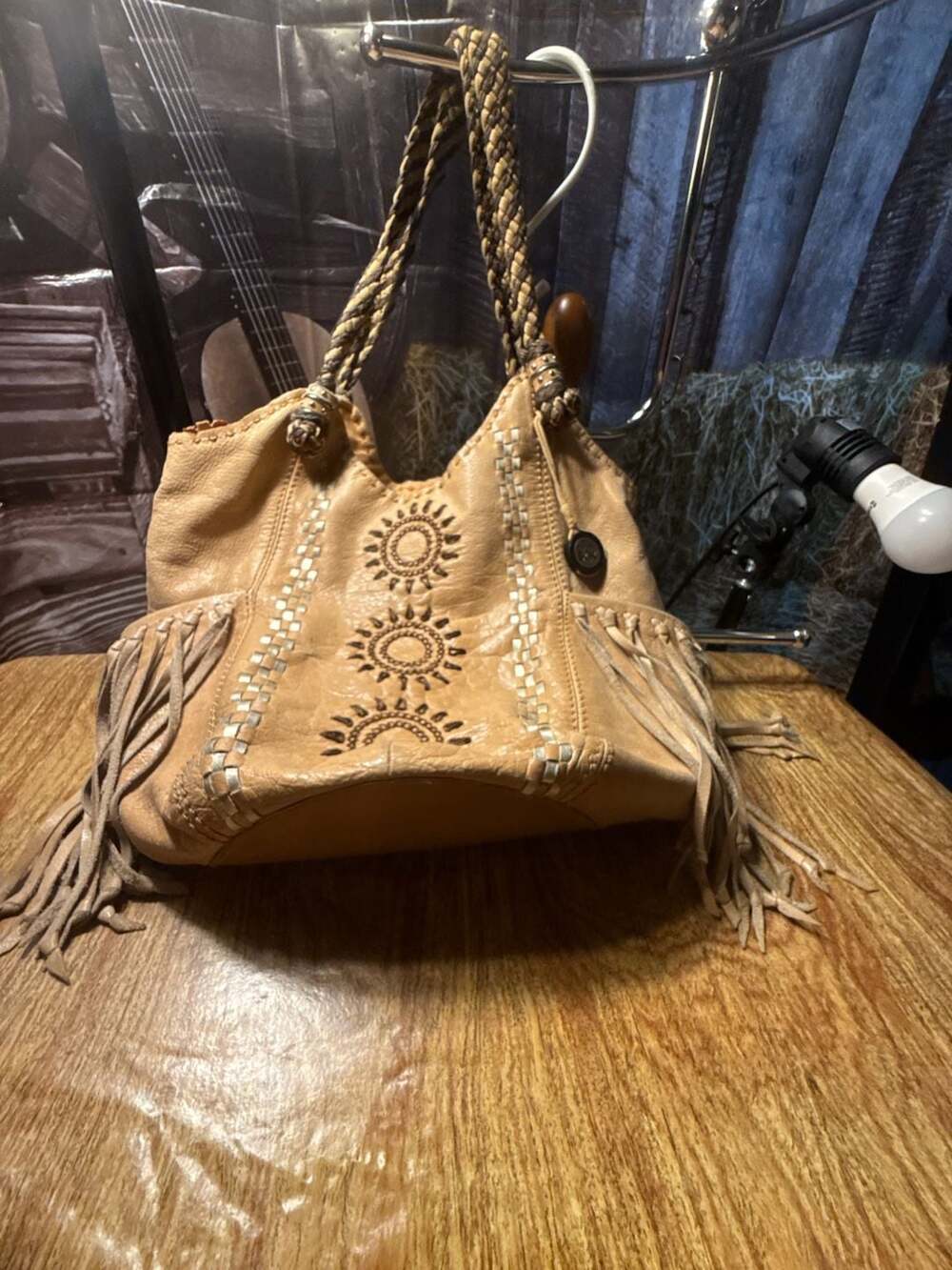 The Sak Tan Leather Fringe Sunburst Embroidered Tote Shoulder Bag